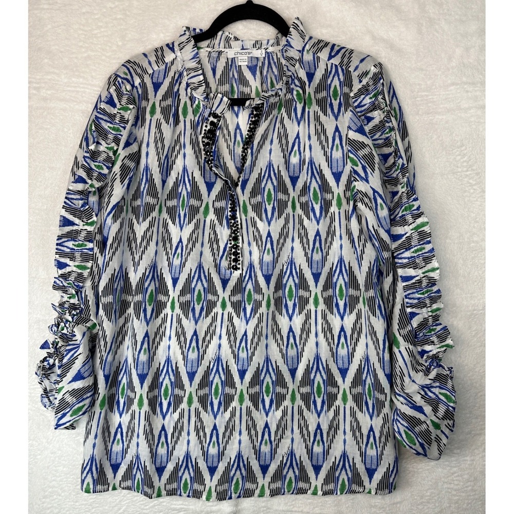 Chico's Ikat Print Blouse Womens 2 Blue Ruffle Sleeve Beaded Neck Top